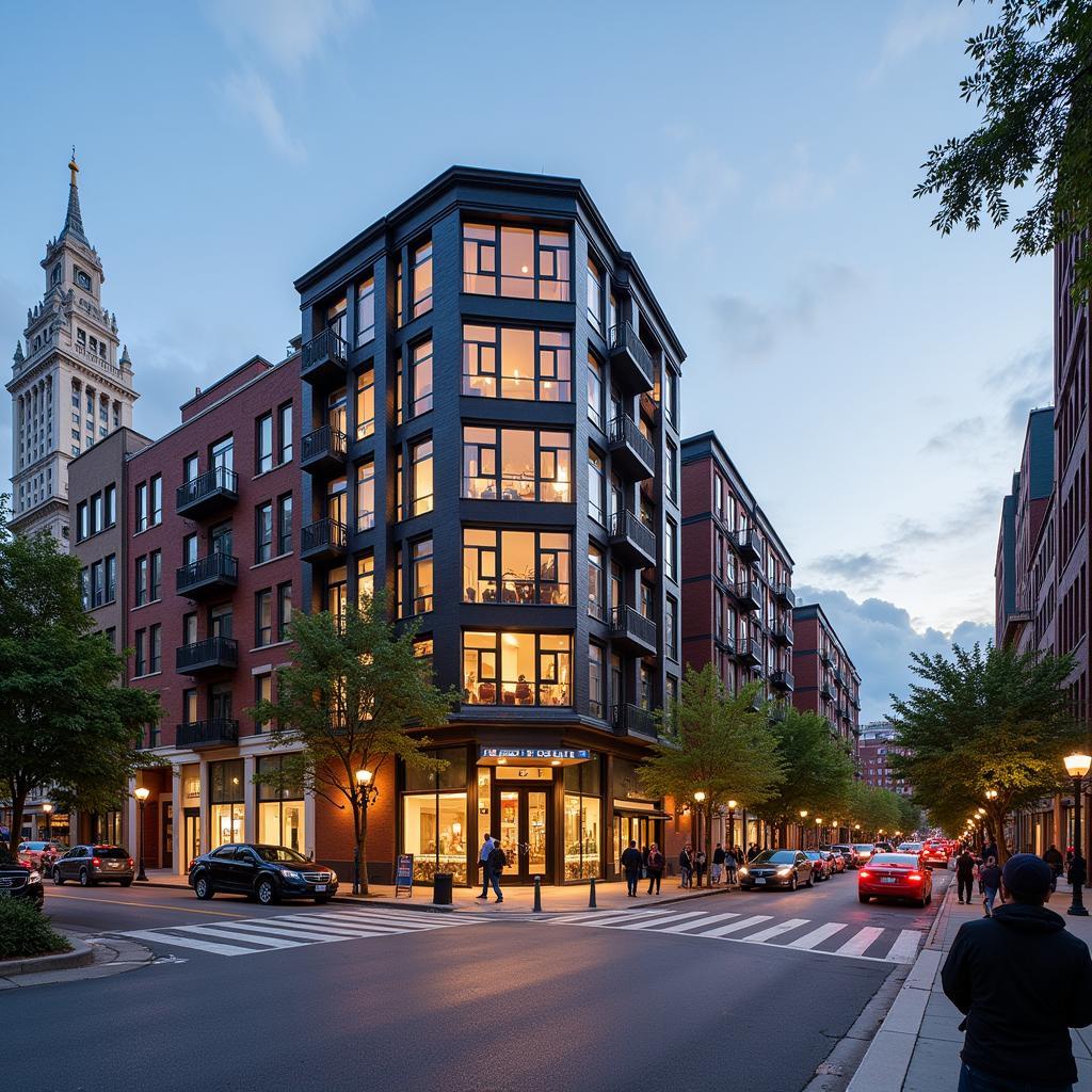 A bustling street view of 10 W 35th Street in Chicago, showcasing its architectural diversity and the lively atmosphere of the neighborhood.