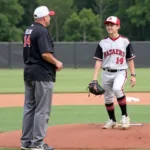 A coach providing guidance to a young player during baseball tryouts