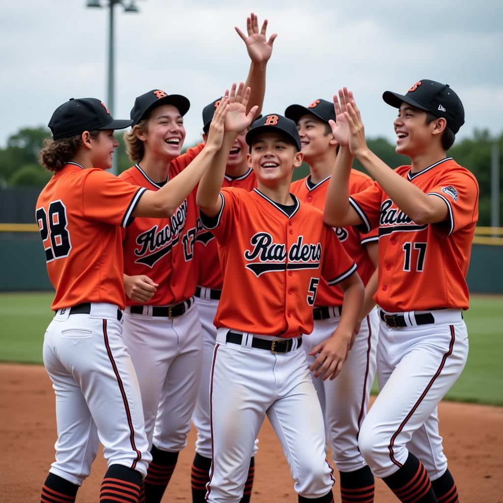 A 17u baseball team celebrates a victory