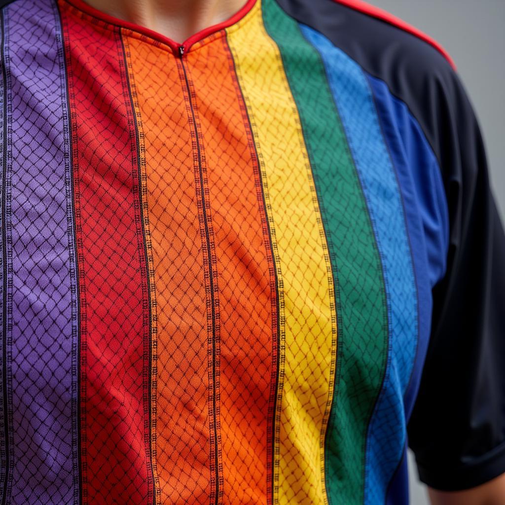 Close-up of the 1980 Houston Astros jersey, showcasing the rainbow design and stitching.