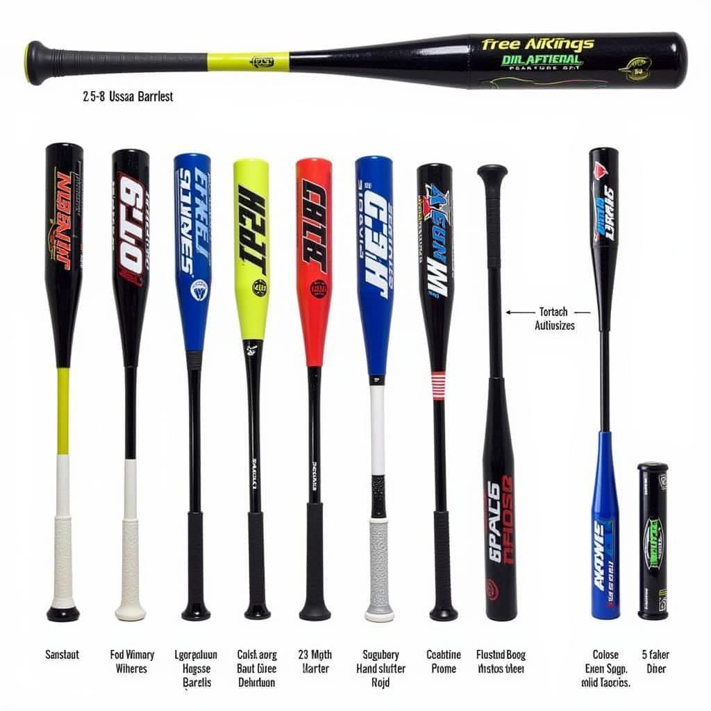 A lineup of various 2 5 8 USSSA bats