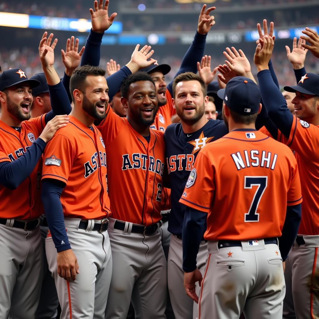 Houston Astros players celebrating in their 2017 jerseys