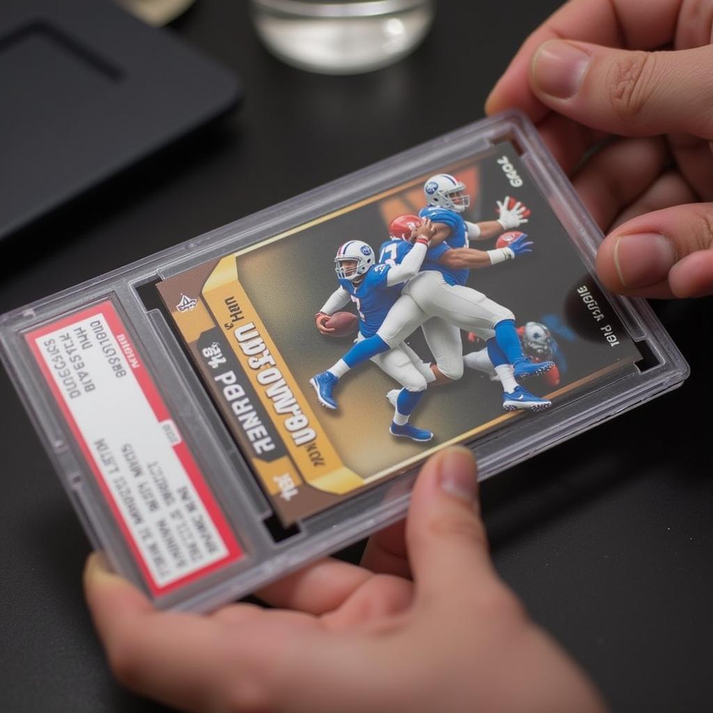 Close-up of a 2018 rookie football card being graded.