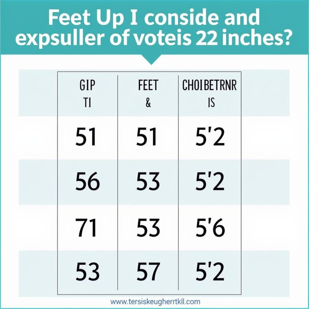 Conversion chart for 22 inches to centimeters and feet