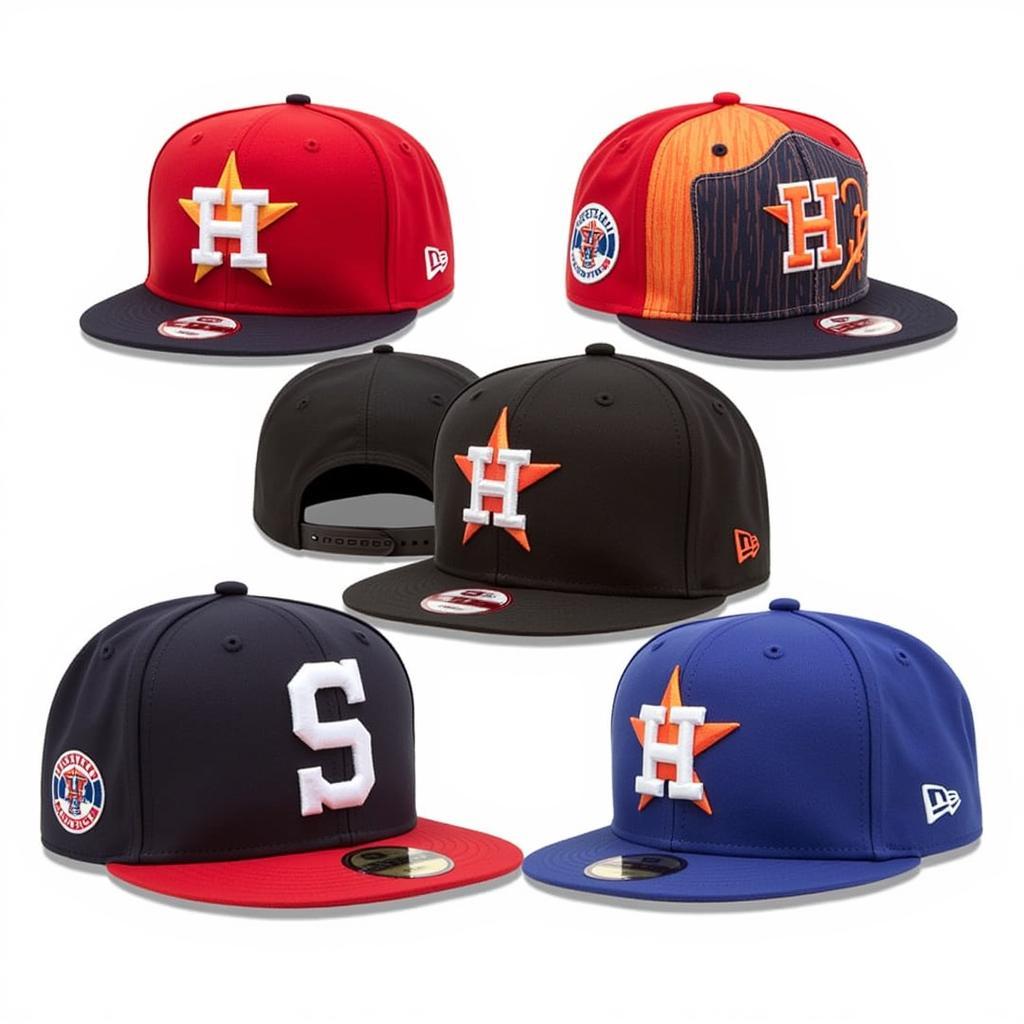 A collection of 59fifty Astros hats on display