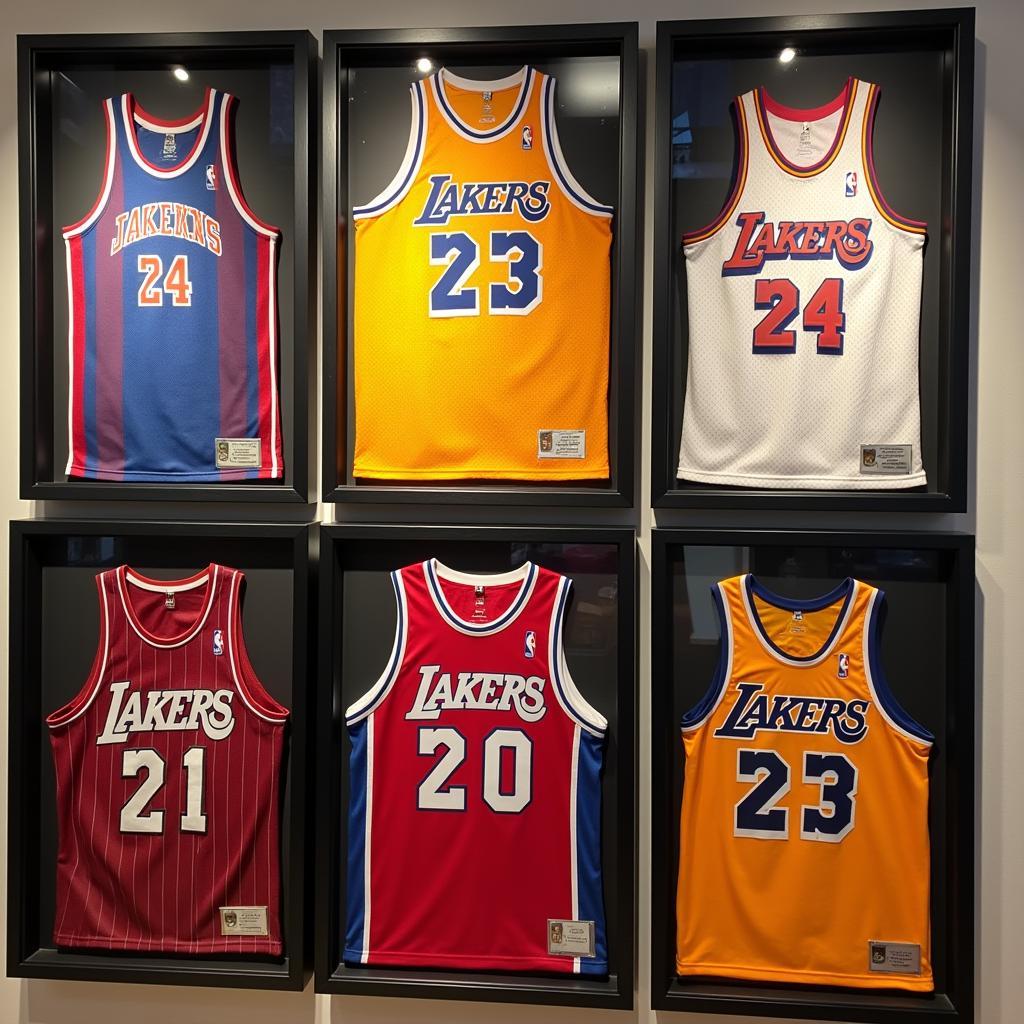 A curated collection of framed 80s basketball jerseys