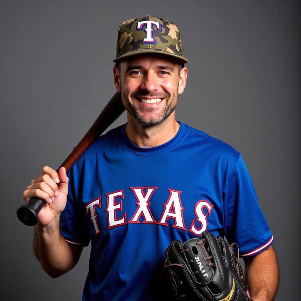 A Texas Rangers fan proudly displaying his camo gear.