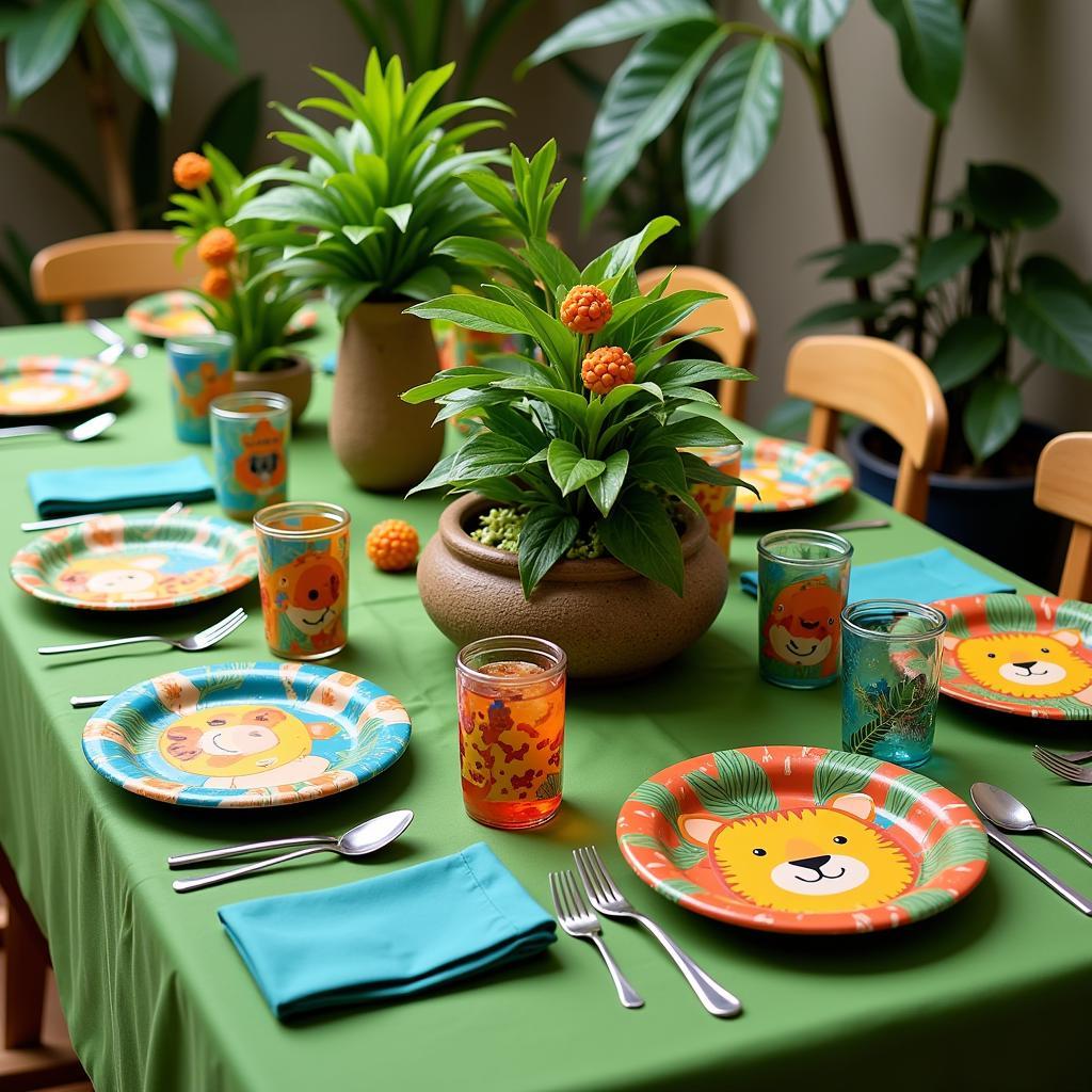 A Festive Table Setting with Jungle Party Plates and Decorations