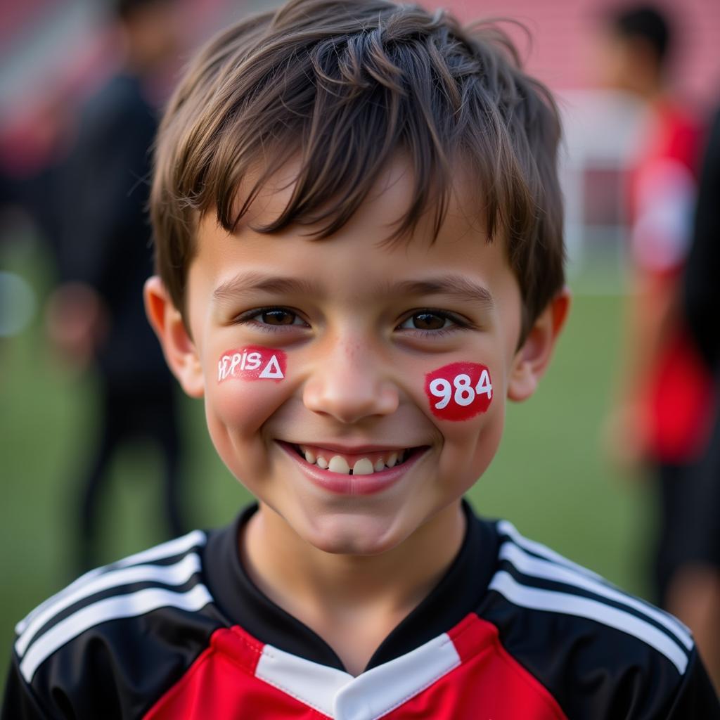 A young Besiktas fan beams with pride, his face painted with "Stars 984"