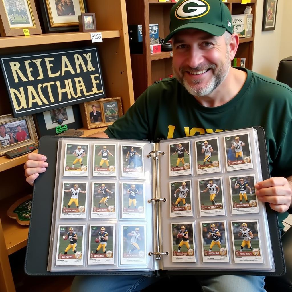 A fan proudly displays their Aaron Rodgers trading card collection.