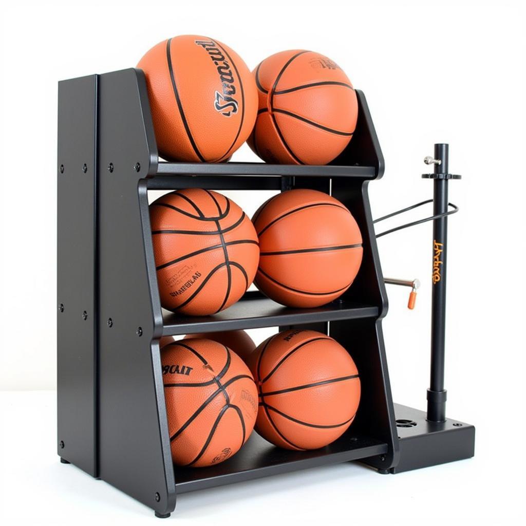 Adjustable basketball storage rack with ball inflation station