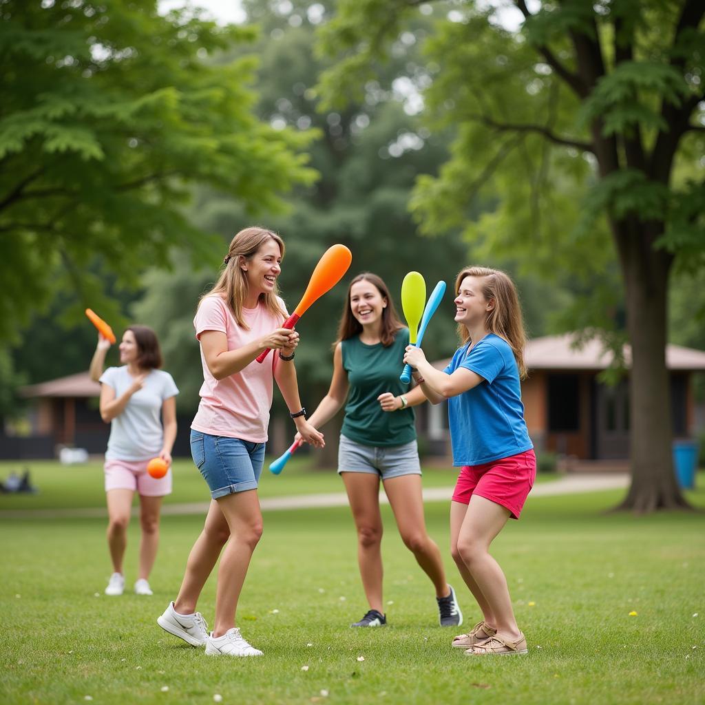 Friends enjoying a game of wiffle ball with an adult set