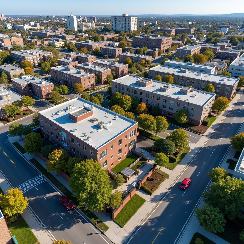 An aerial view of Boston Street in Baltimore, showcasing the surrounding neighborhood with its mix of residential and commercial buildings.