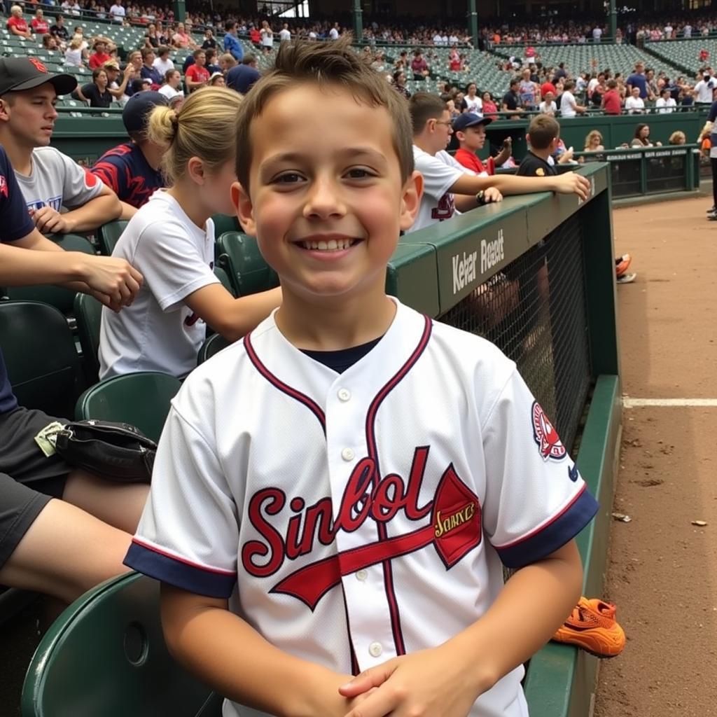 Alec Bohm youth jersey, showcasing a young fan wearing the jersey while imitating Bohm's iconic swing at a Phillies game.