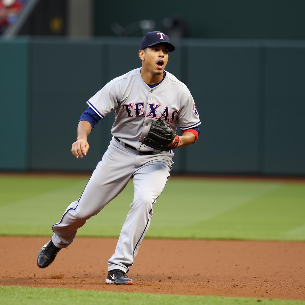 Alex Rodriguez fielding a ground ball in his Texas Rangers jersey