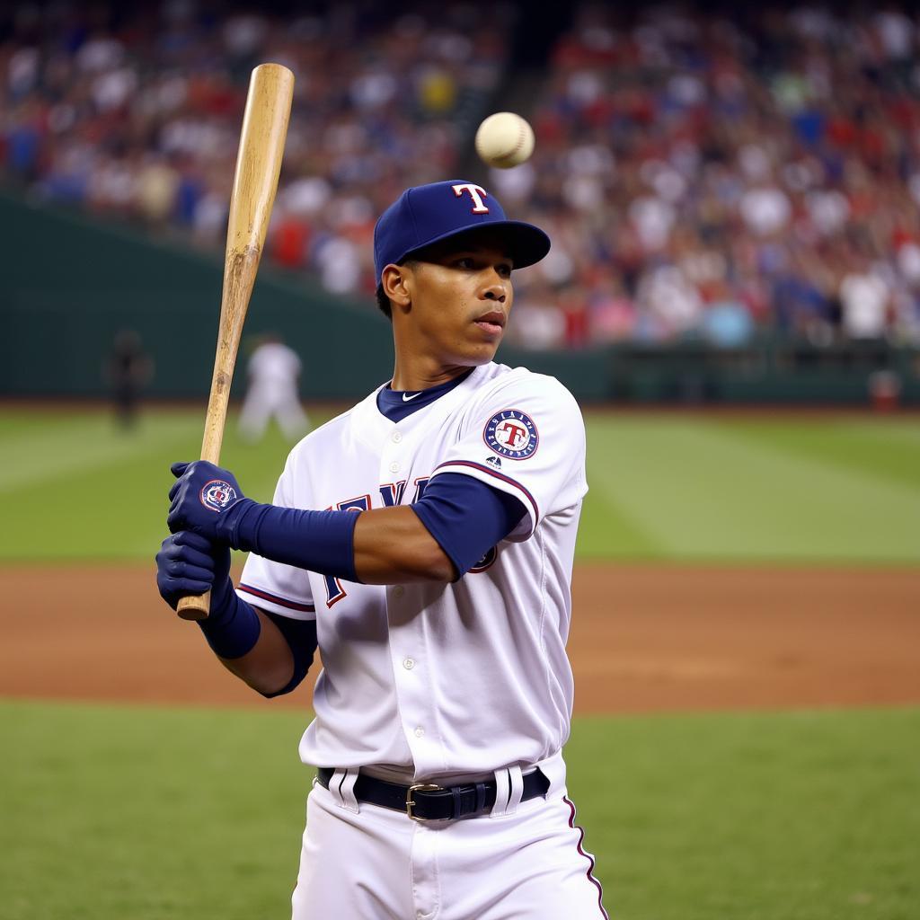 Alex Rodriguez taking a swing in his Texas Rangers jersey