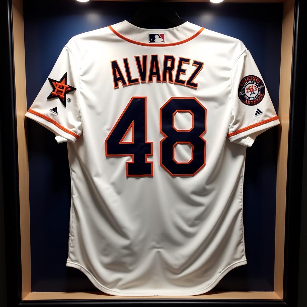 Framed Alvarez Astros jersey in a display case