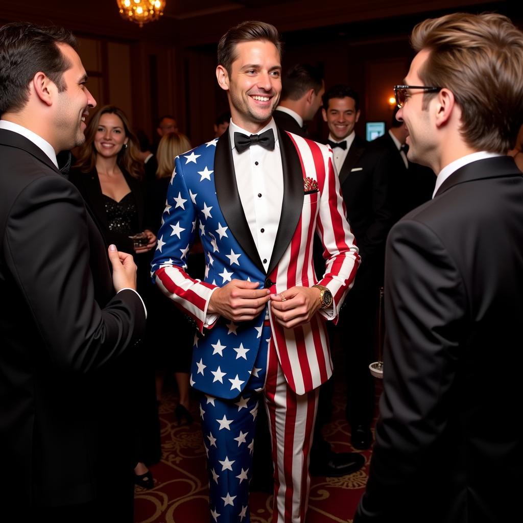 A man confidently wearing an American flag tuxedo at a formal event.