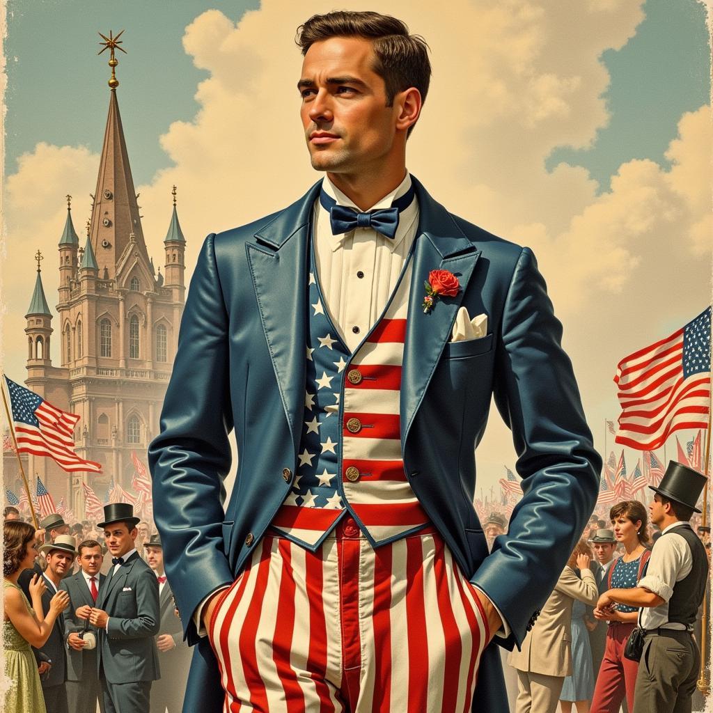 A historical depiction of the first appearance of the American flag tuxedo.