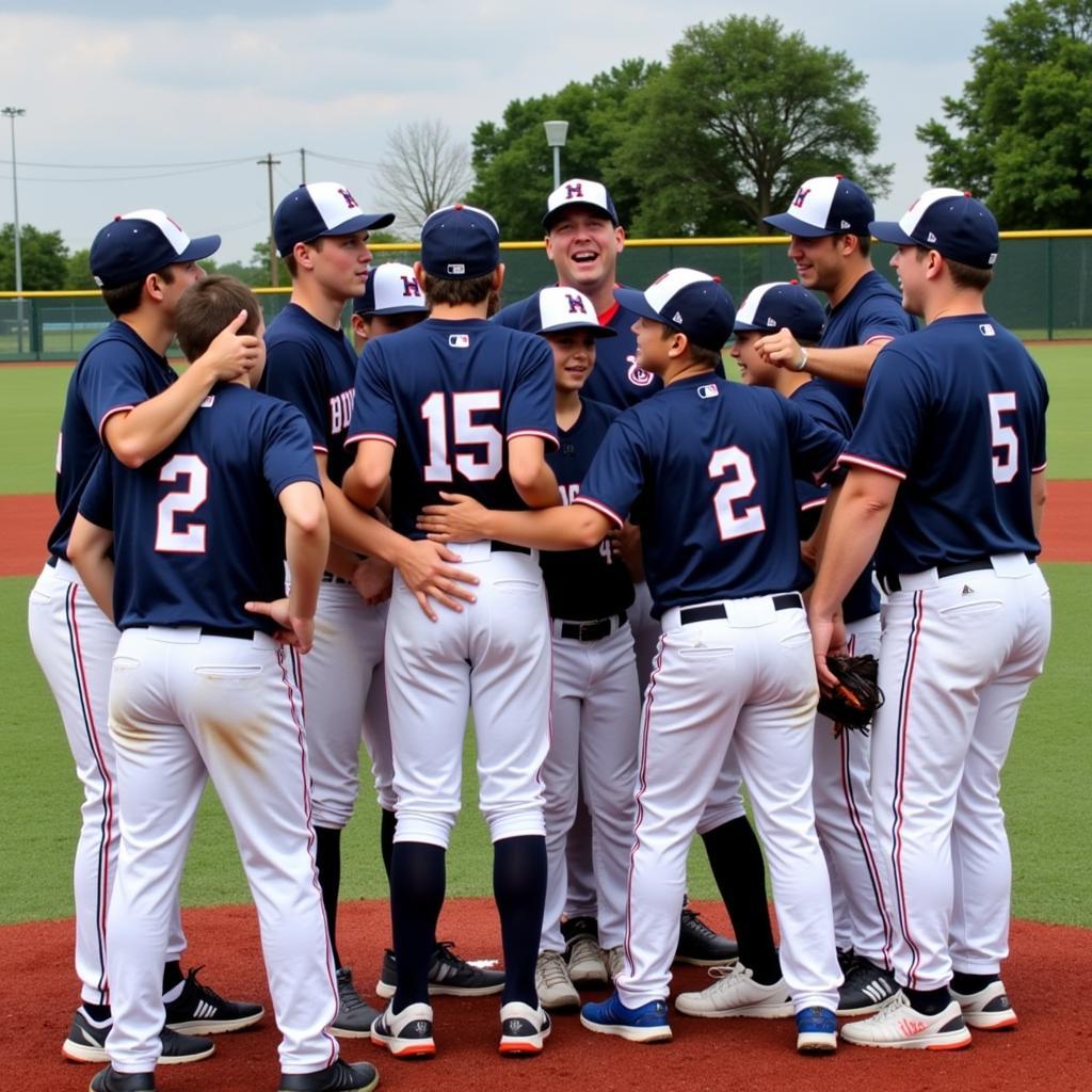 Campers and coaches gather for a team huddle at Anderson University Baseball Camp