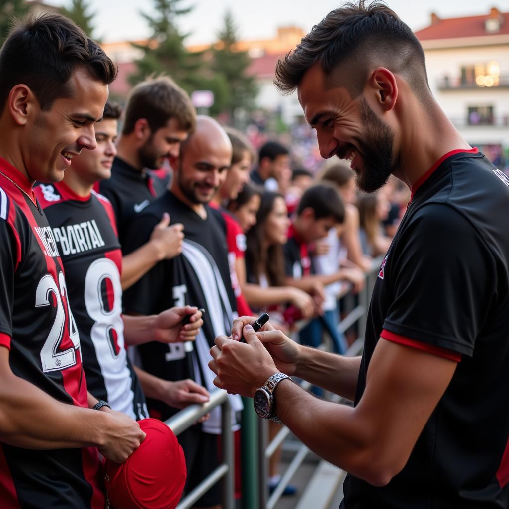 Andrew Abbott signing autographs on his jerseys for fans