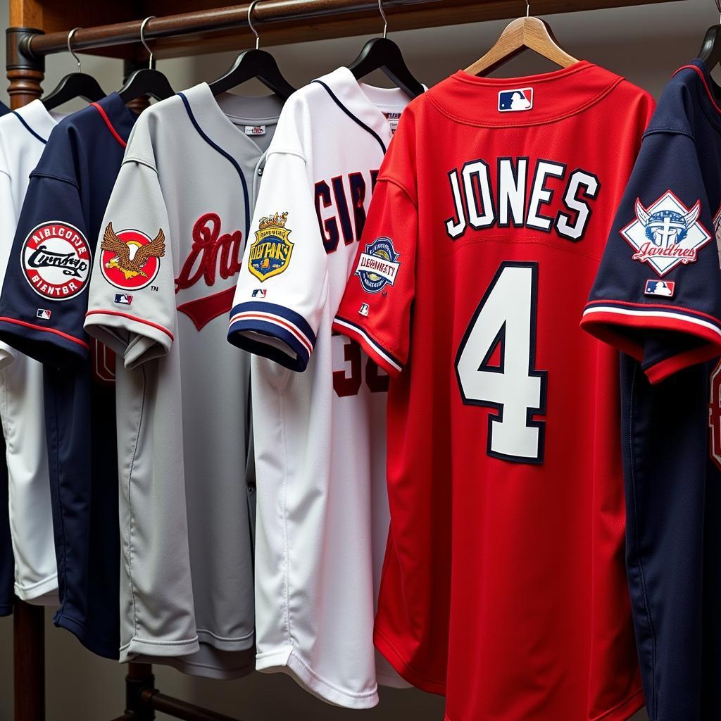 Various Andruw Jones Braves jerseys on display