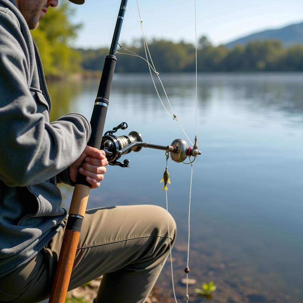 Angler using a split shot rig for freshwater fishing