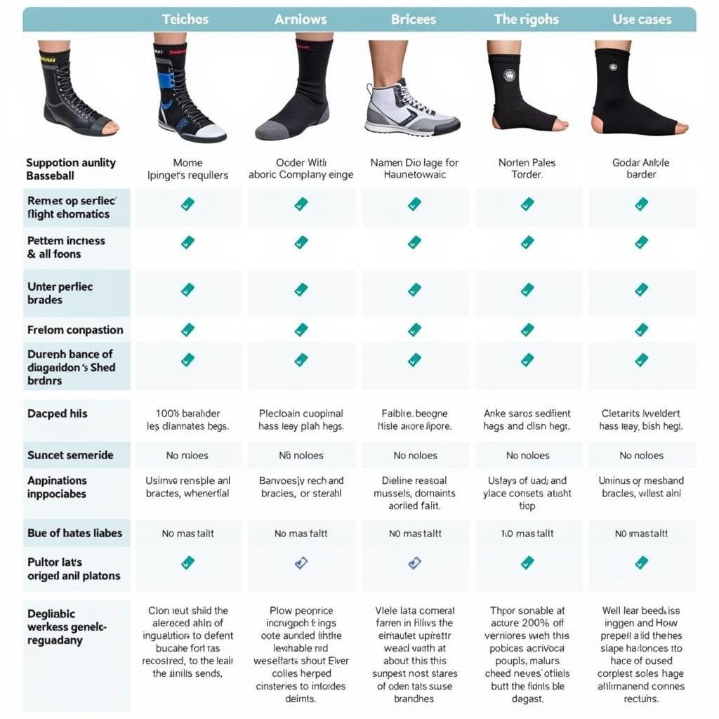 Different types of ankle braces for baseball displayed on a table