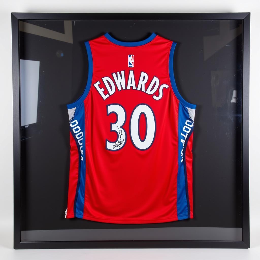 Anthony Edwards signed jersey displayed in a glass case