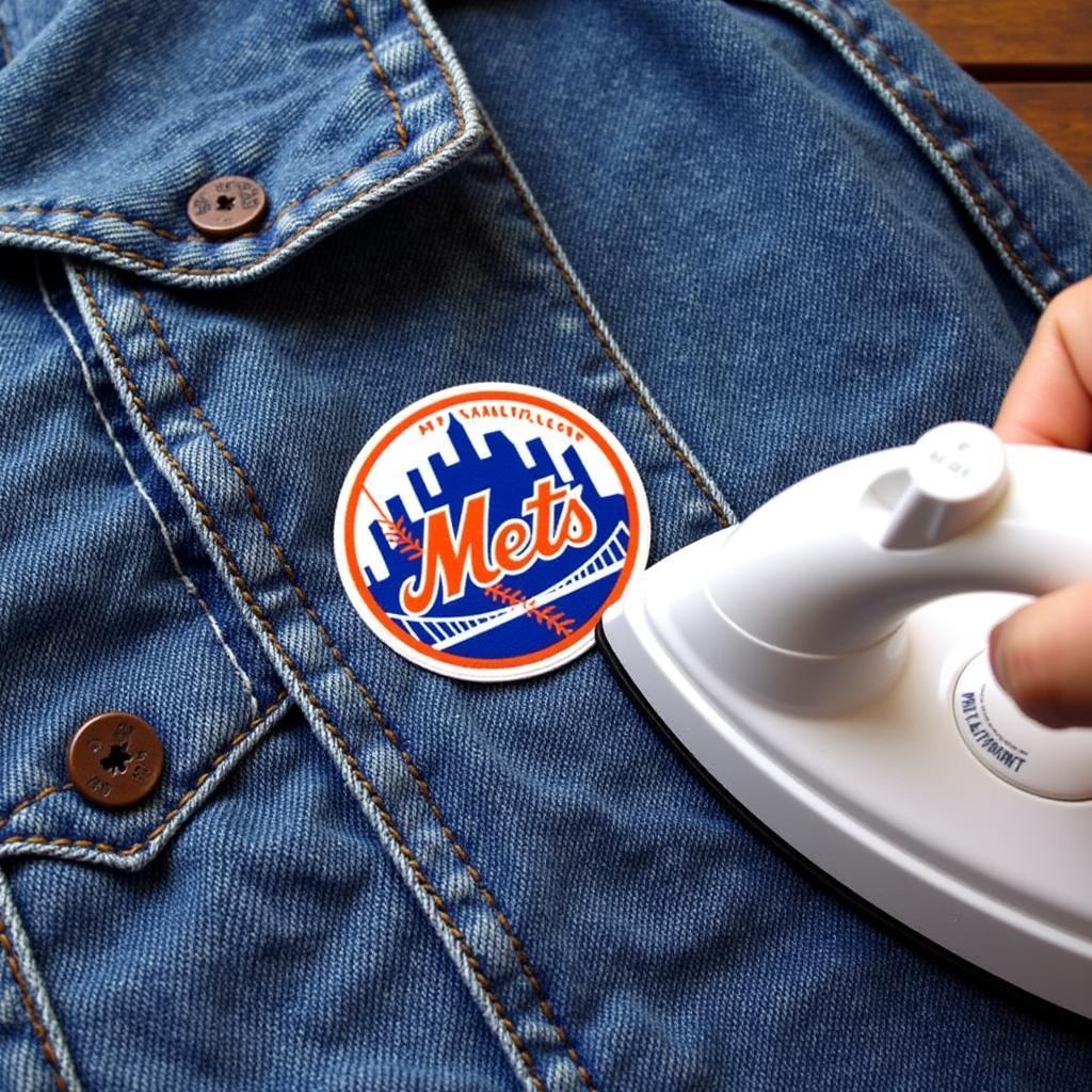 Applying New York Mets Iron On Patch to Denim Jacket