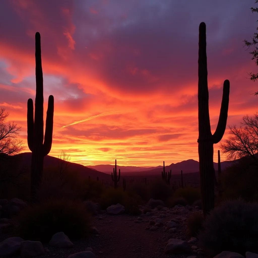 Spectacular sunset over the Arizona desert with cacti silhouettes