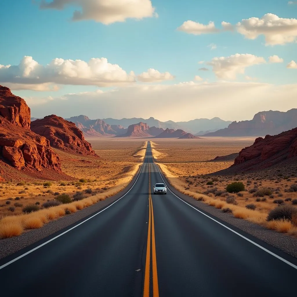 Scenic road trip through the Arizona desert with a car on an empty highway