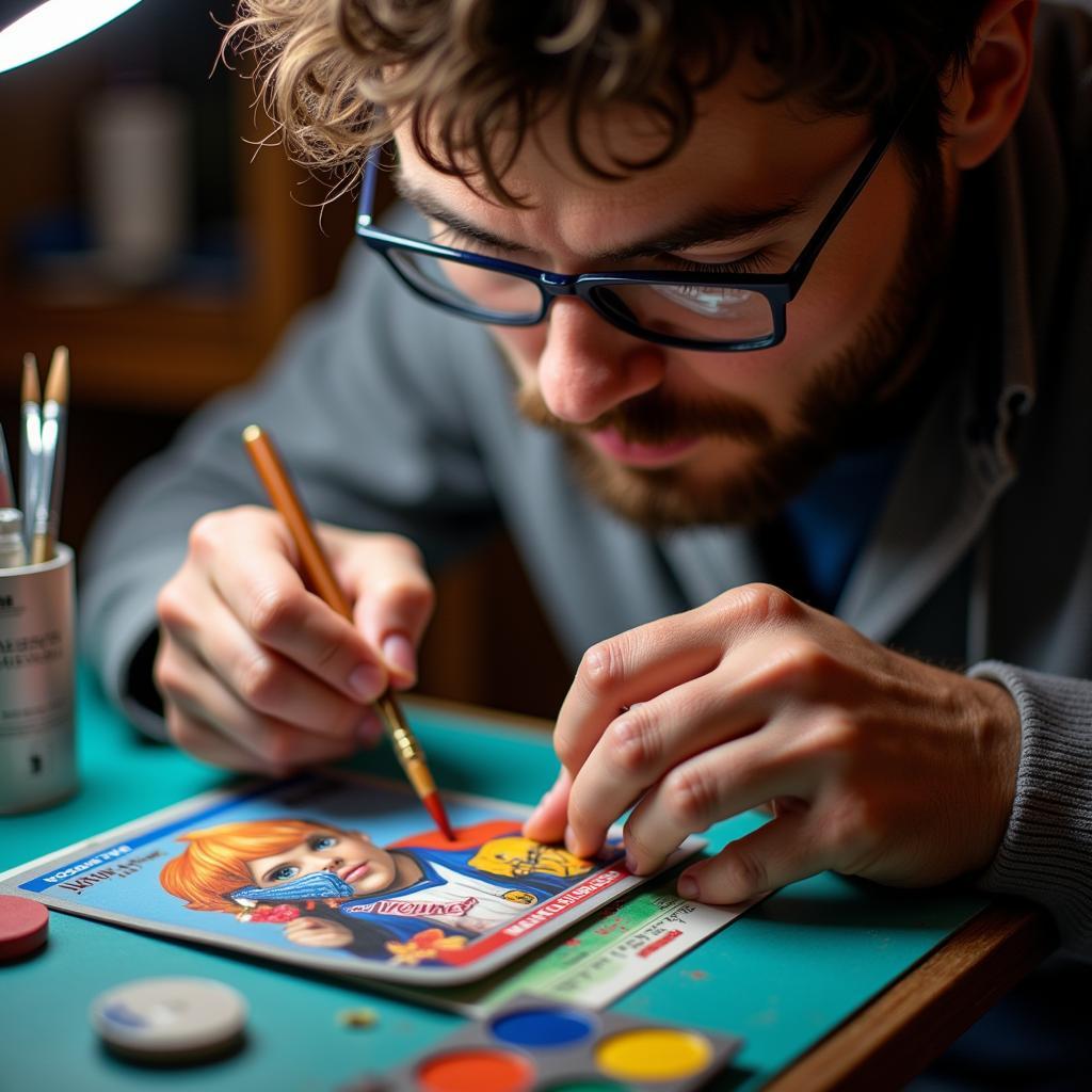 Artist meticulously painting a baseball card