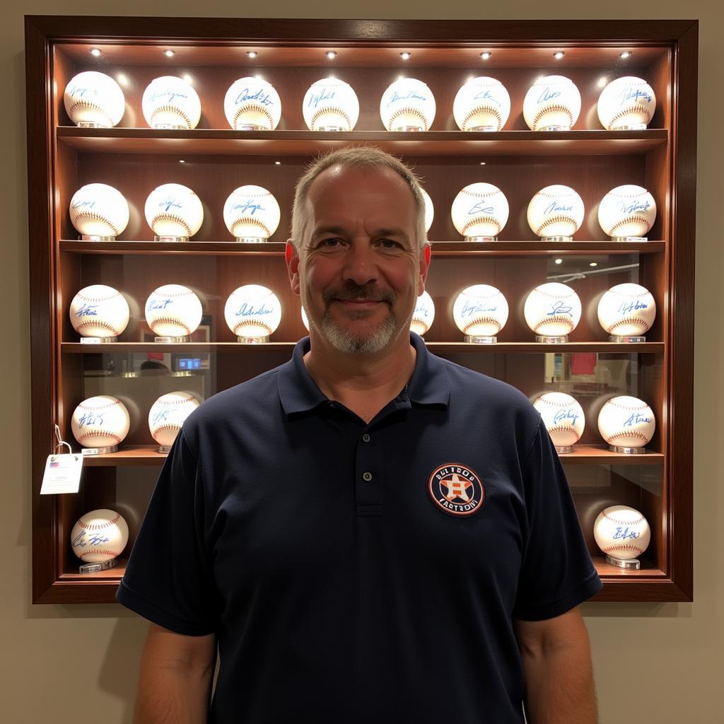 A fan proudly displays his Astros autographed baseball collection