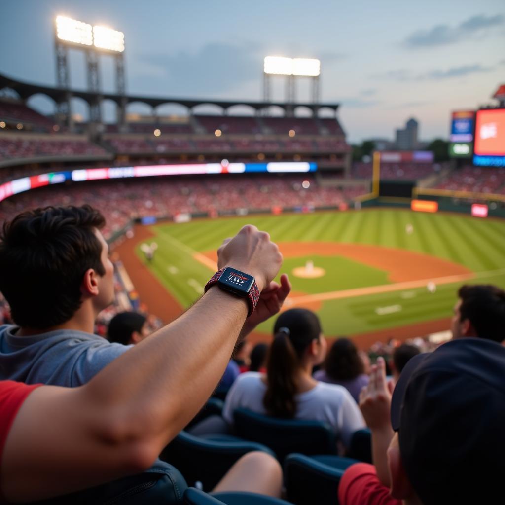 A fan wearing an Astros apple watch band while cheering for the team