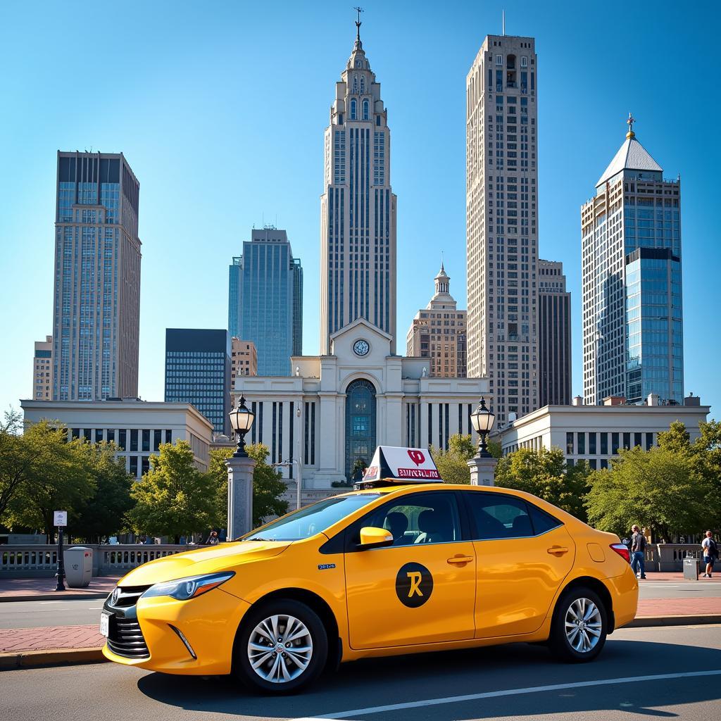 Atlanta cityscape with a taxi in the foreground