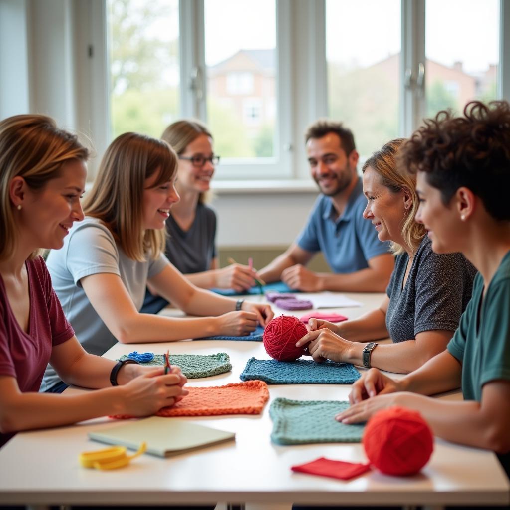 Group of smiling people learning to crochet in an Atlanta class