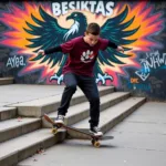 A skateboarder performing an ATM grind on a ledge with Besiktas graffiti in the background