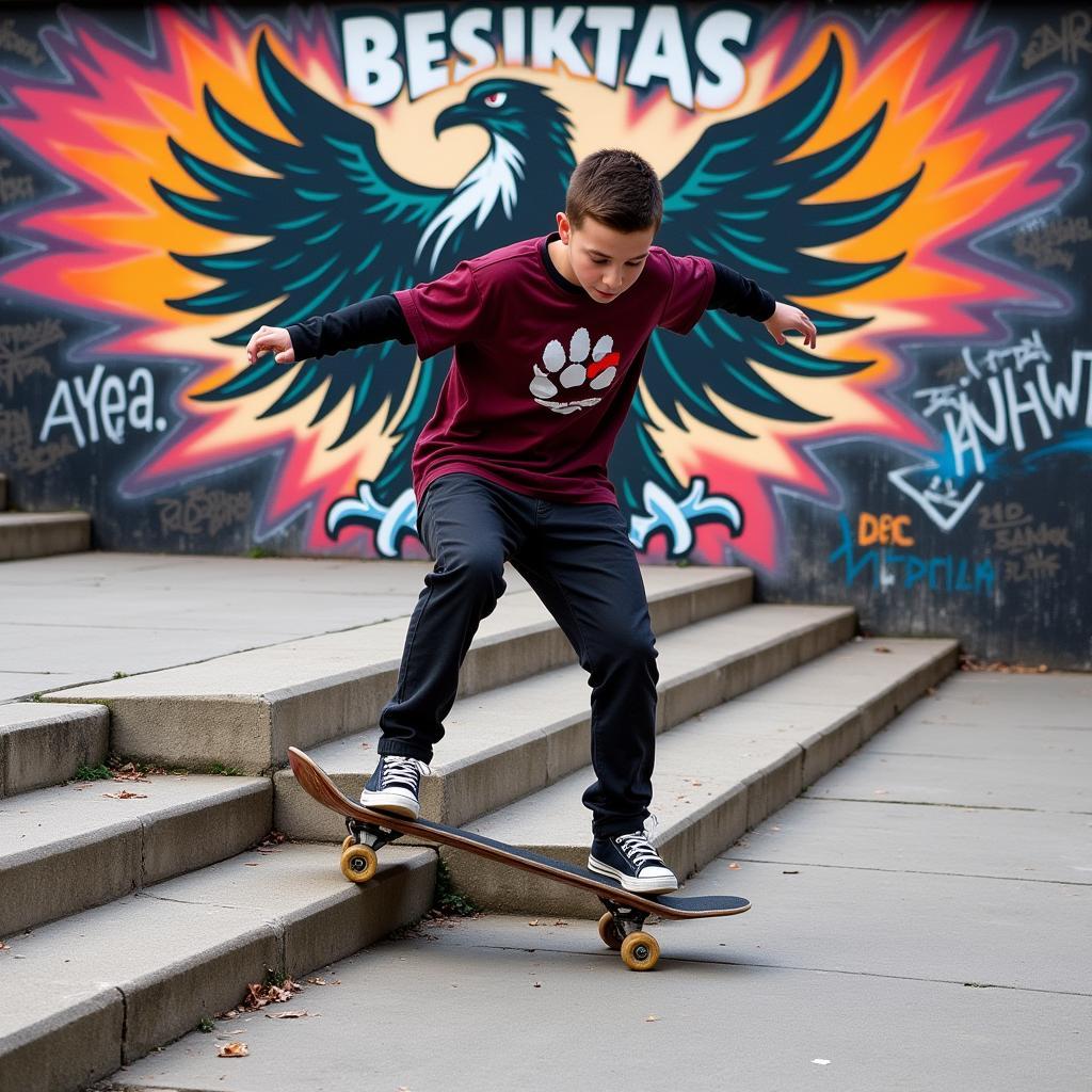 A skateboarder performing an ATM grind on a ledge with Besiktas graffiti in the background