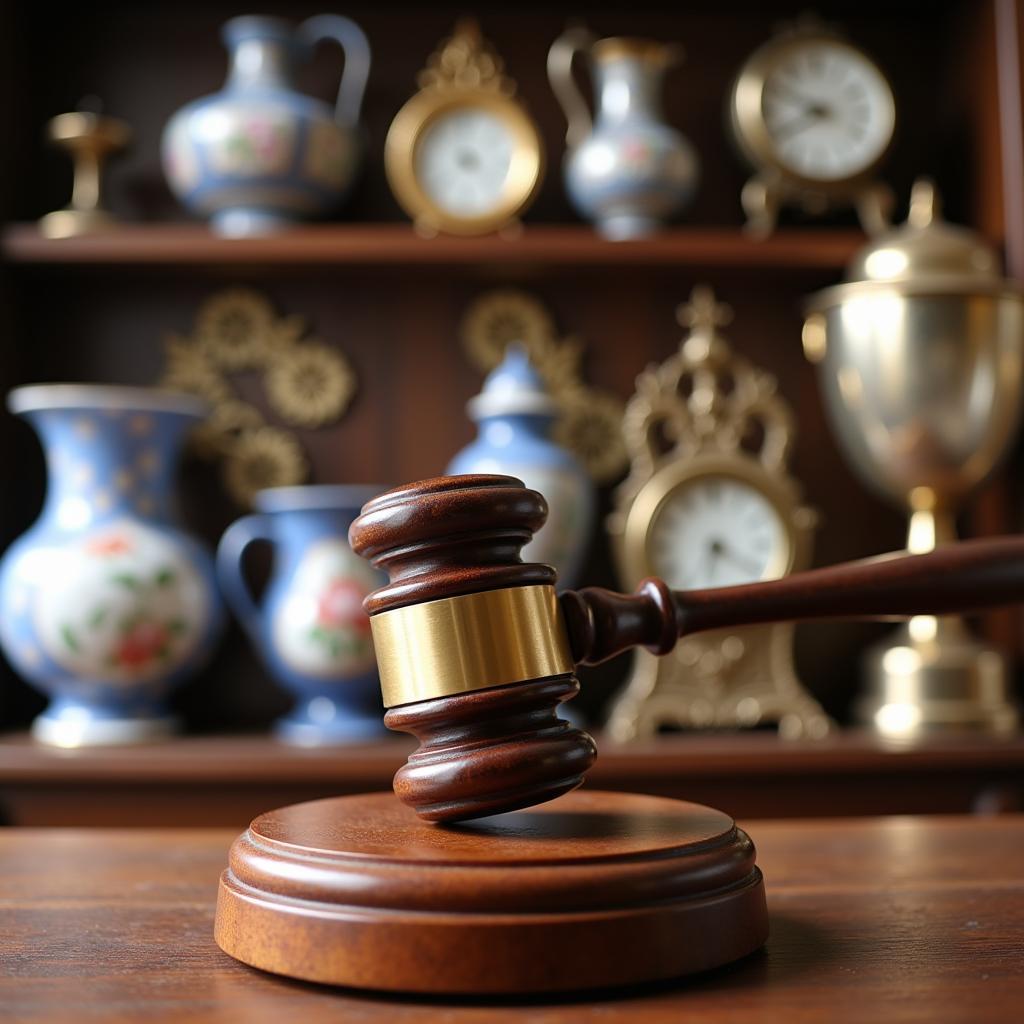 Antique items being auctioned off with a gavel in the foreground