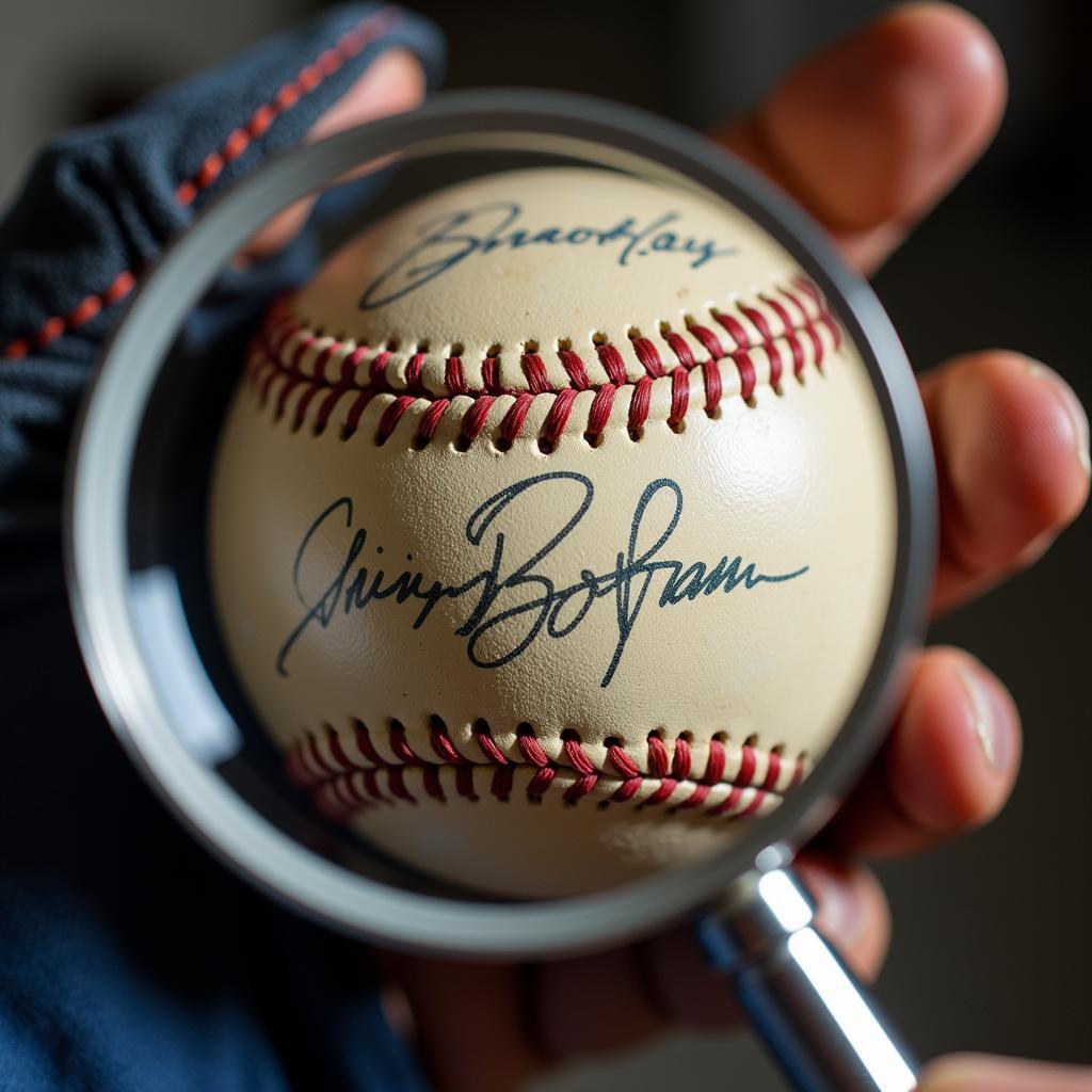 Expert examining a 1955 Brooklyn Dodgers baseball for authenticity, focusing on signatures and overall condition.