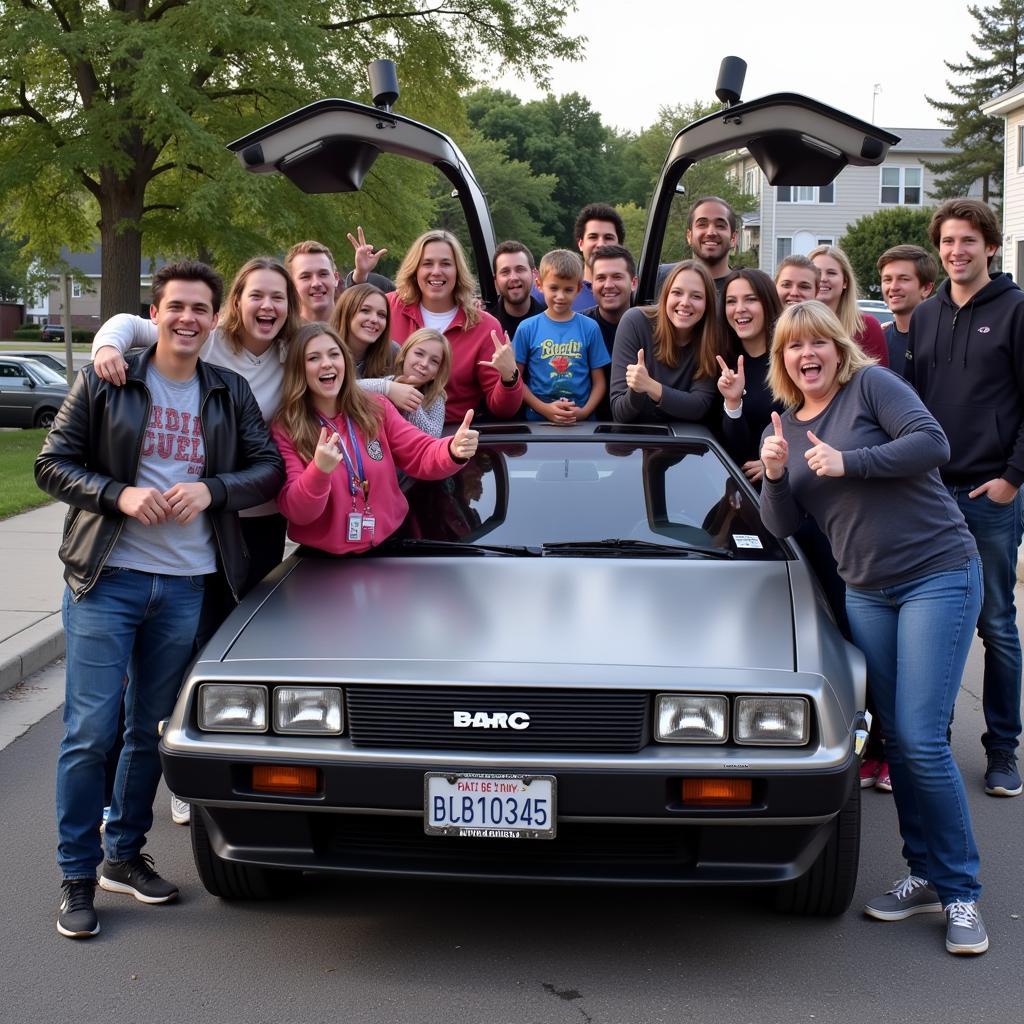 Fans posing in front of a DeLorean replica at a Back to the Future event in Cleveland. 