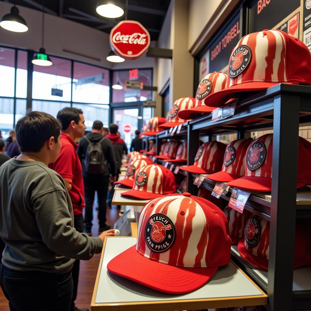 Merchandise stand at Coca-Cola Park selling Lehigh IronPigs bacon hats