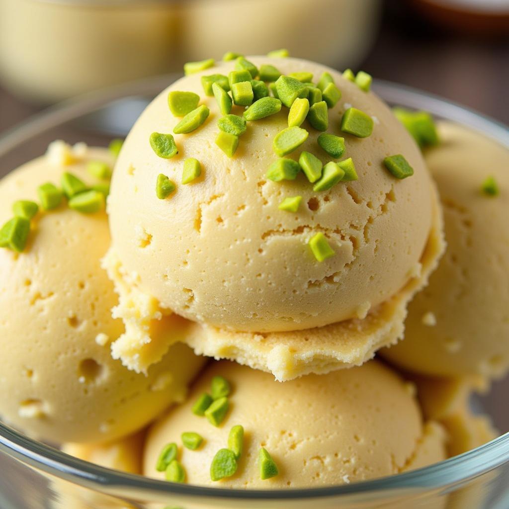 Close-up photo of a scoop of baklava ice cream with chopped pistachios on top