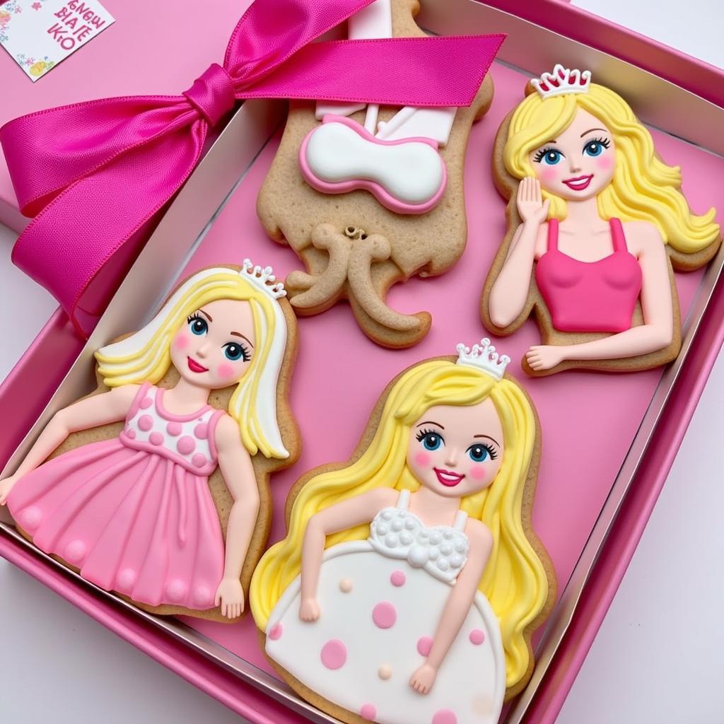 Packaging Barbie themed sugar cookies in a pink box.