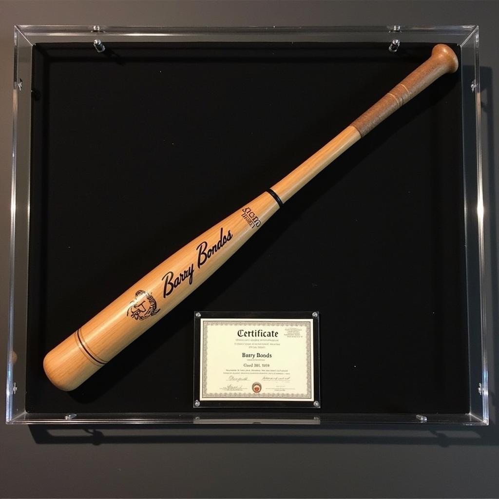 Barry Bonds game used bat displayed in a case