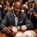 Barry Bonds signing baseballs for fans