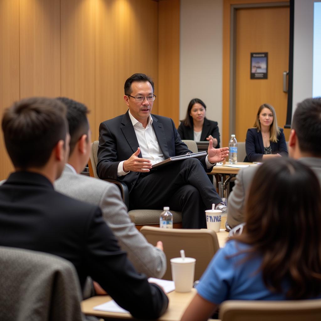 Barry Chang speaking at a community meeting