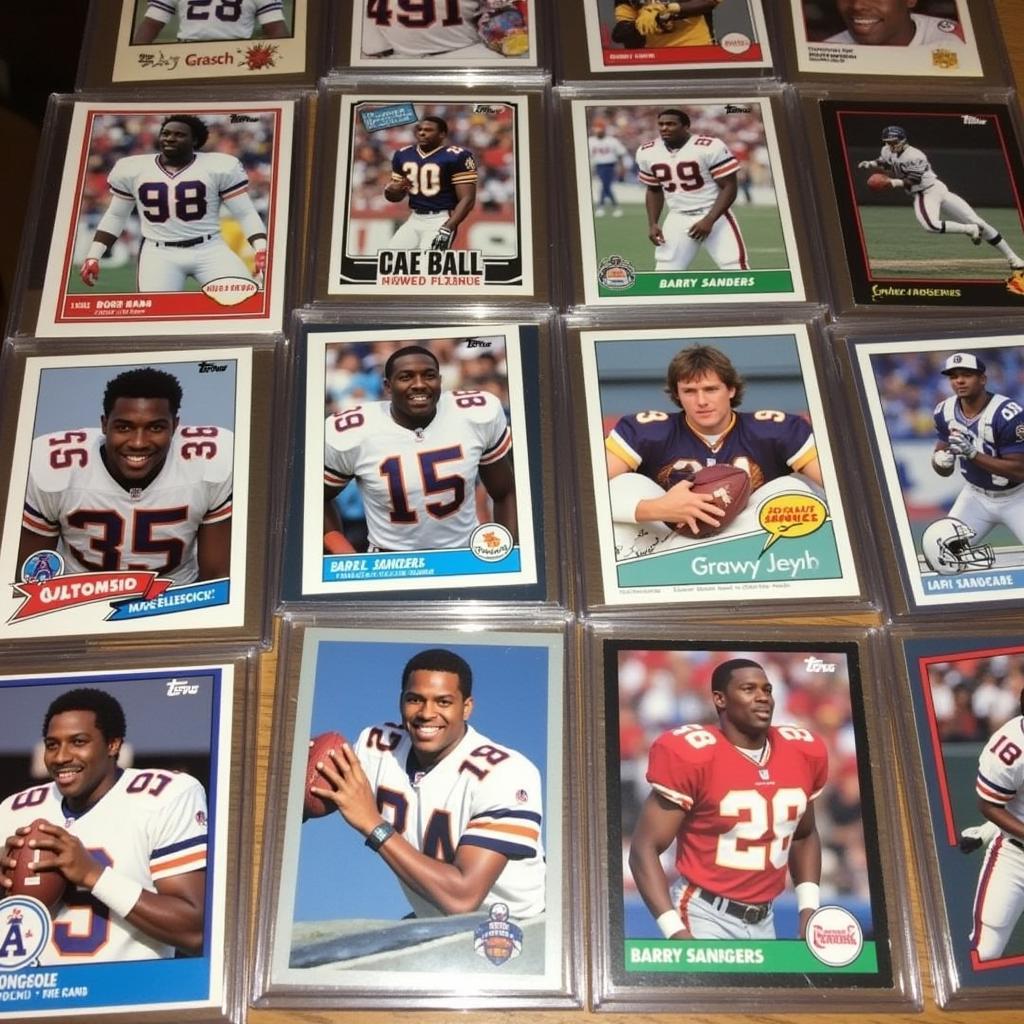 A collection of Barry Sanders trading cards displayed in protective sleeves and arranged by year.