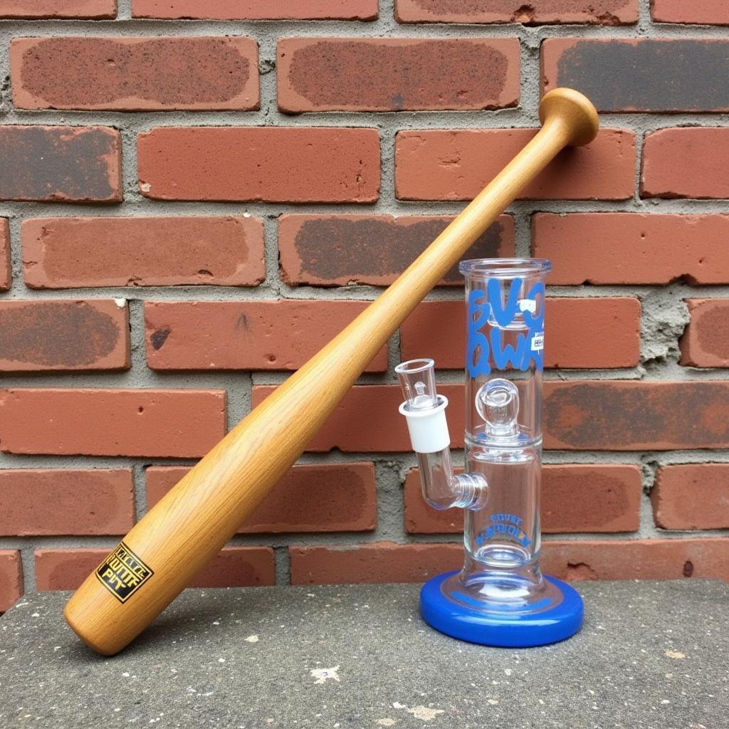 A baseball bat leaning against a wall next to a glass bong